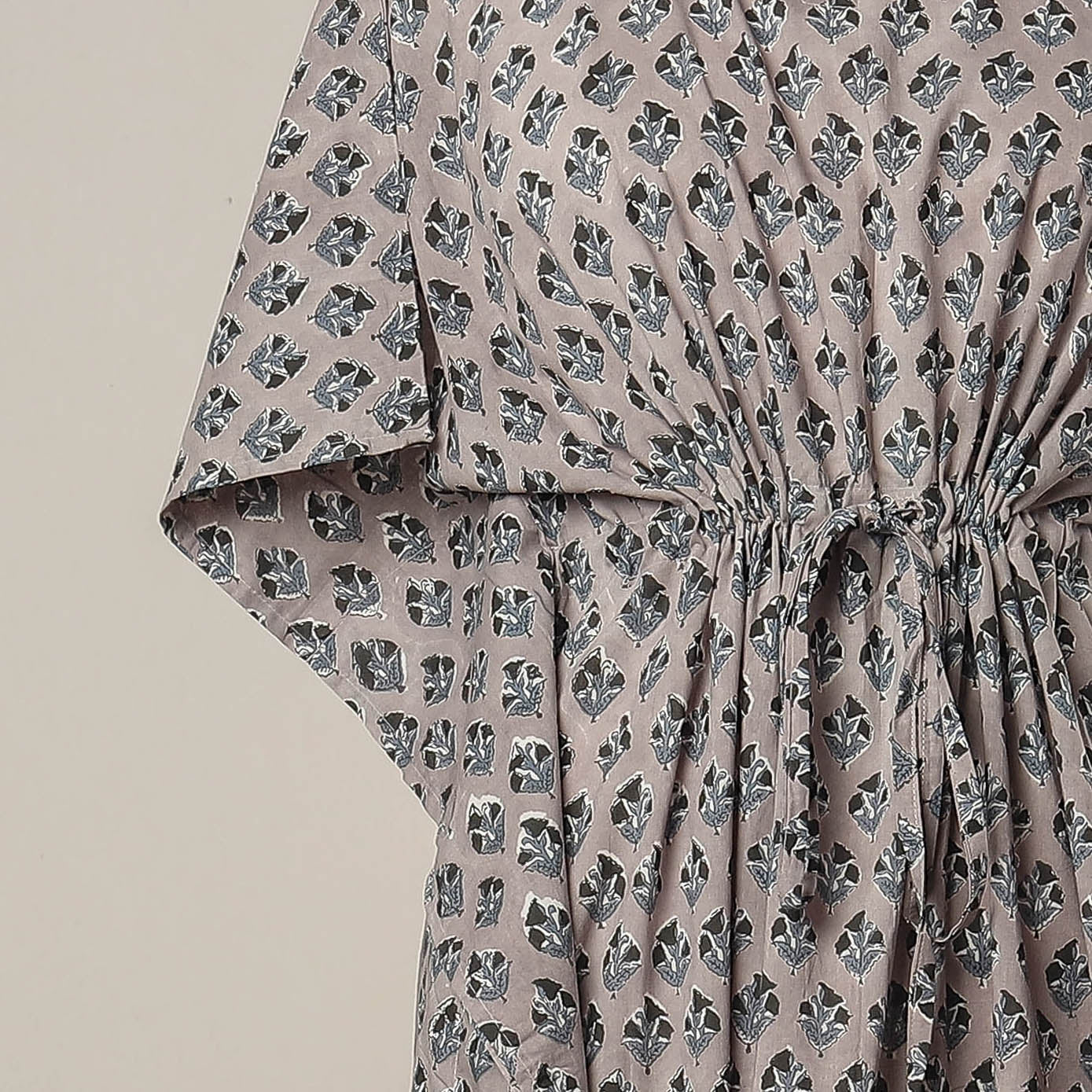 Grey - sanganeri printed cotton kaftan with tie-up waist