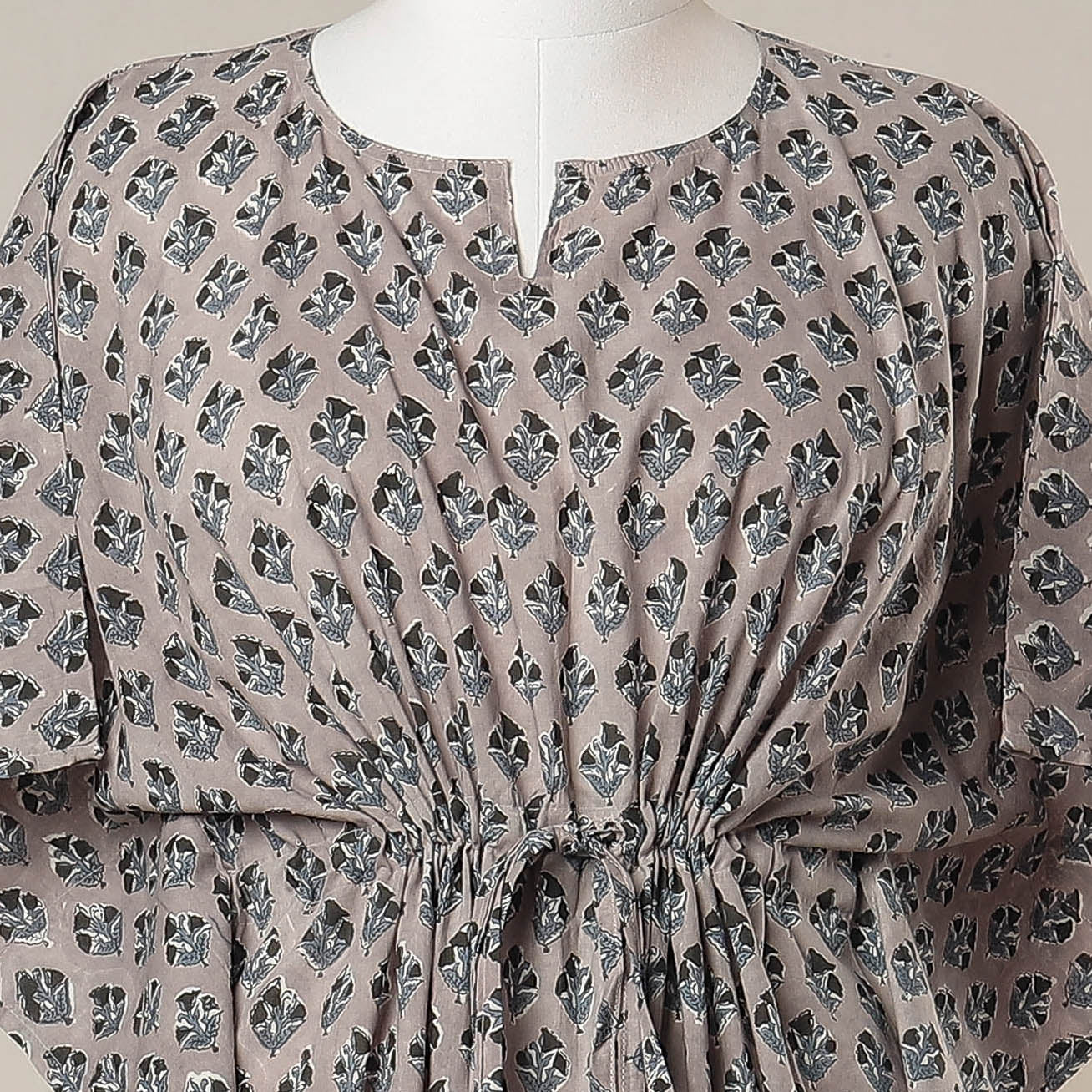 Grey - sanganeri printed cotton kaftan with tie-up waist