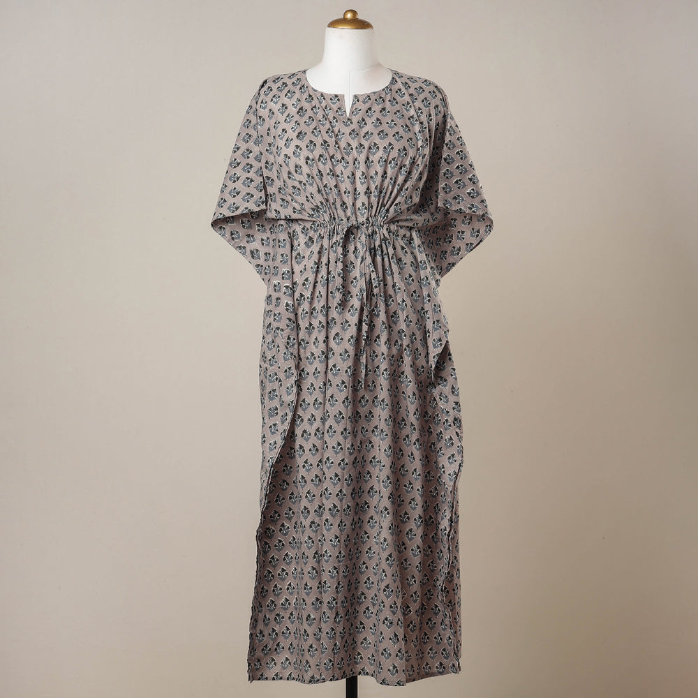 Grey - sanganeri printed cotton kaftan with tie-up waist