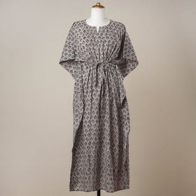 Grey - sanganeri printed cotton kaftan with tie-up waist