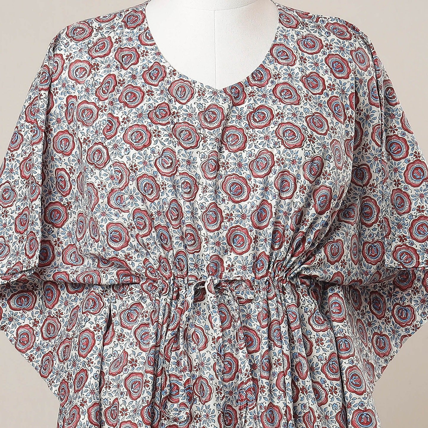 Buy Grey Hand Block Print Cotton Kaftan with Tie-Up Waist