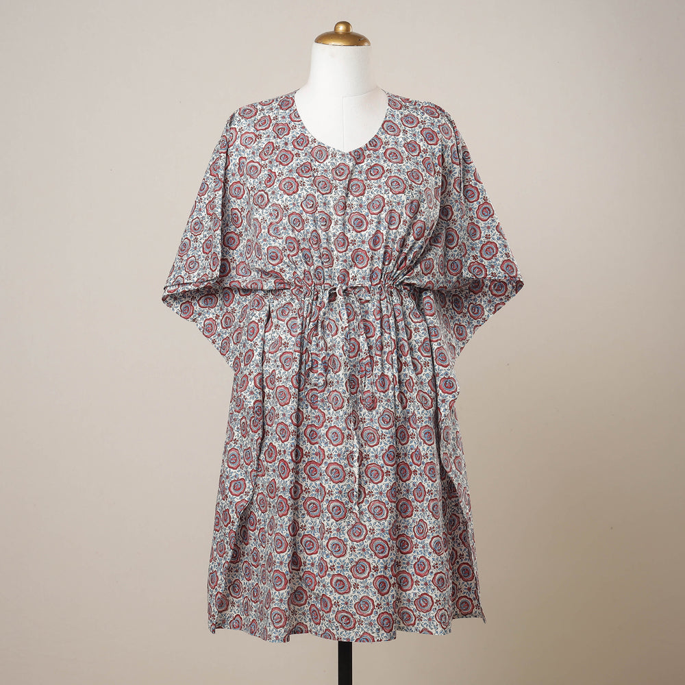 Buy Grey Hand Block Print Cotton Kaftan with Tie-Up Waist