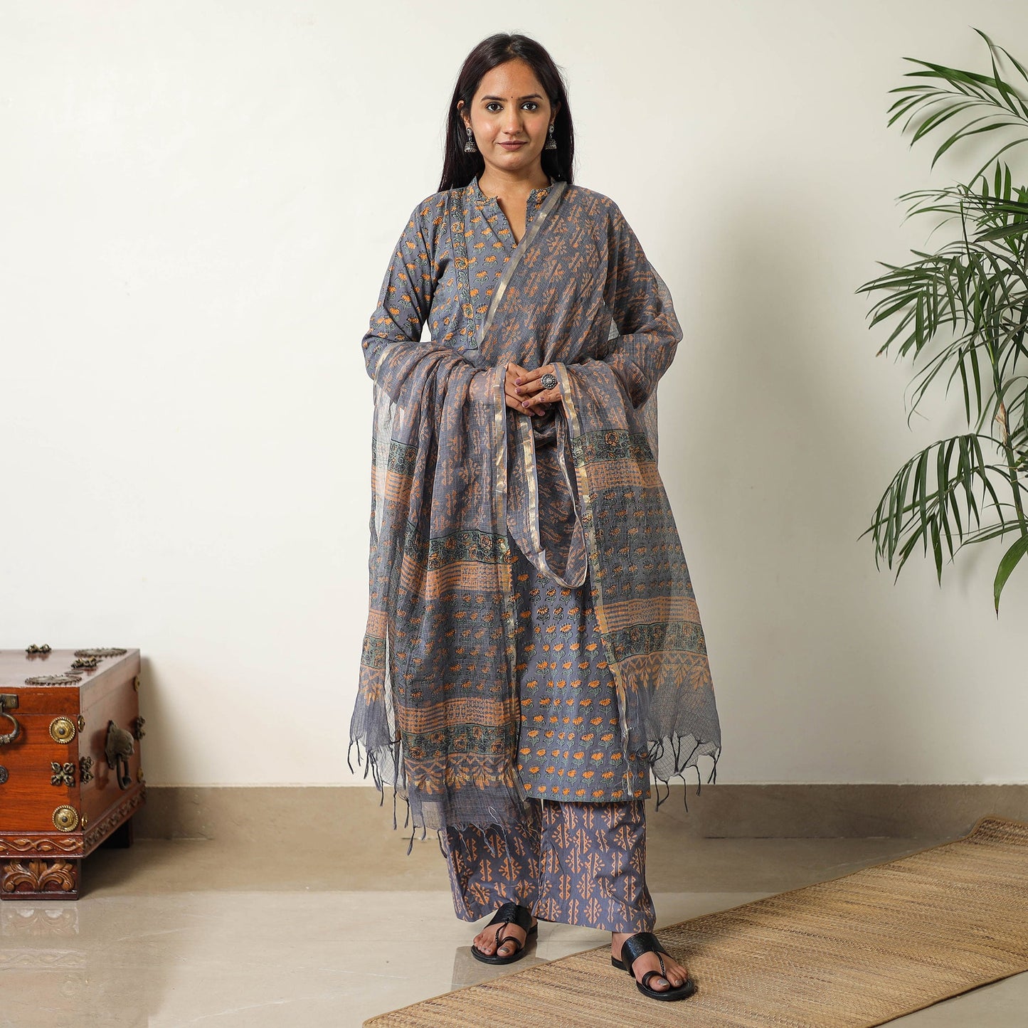 Buy Sanganeri Block Printed Cotton Kurta with Palazzo & Dupatta Set 13 Online at iTokri.com