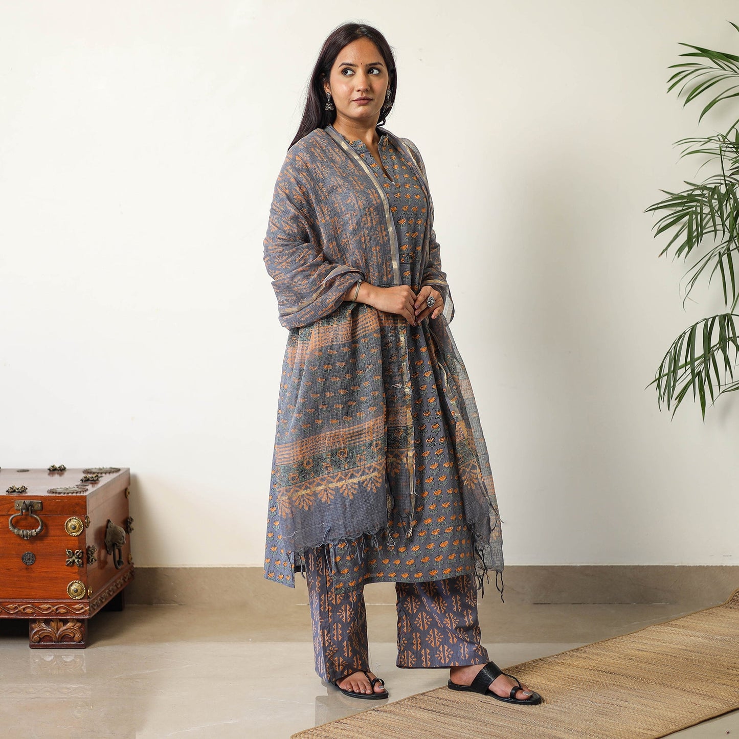Buy Sanganeri Block Printed Cotton Kurta with Palazzo & Dupatta Set 13 Online at iTokri.com