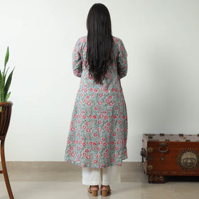 Buy Sanganeri Block Printed Cotton A-Line Kurta with Jacquard Patchwork 02 Online at iTokri.com