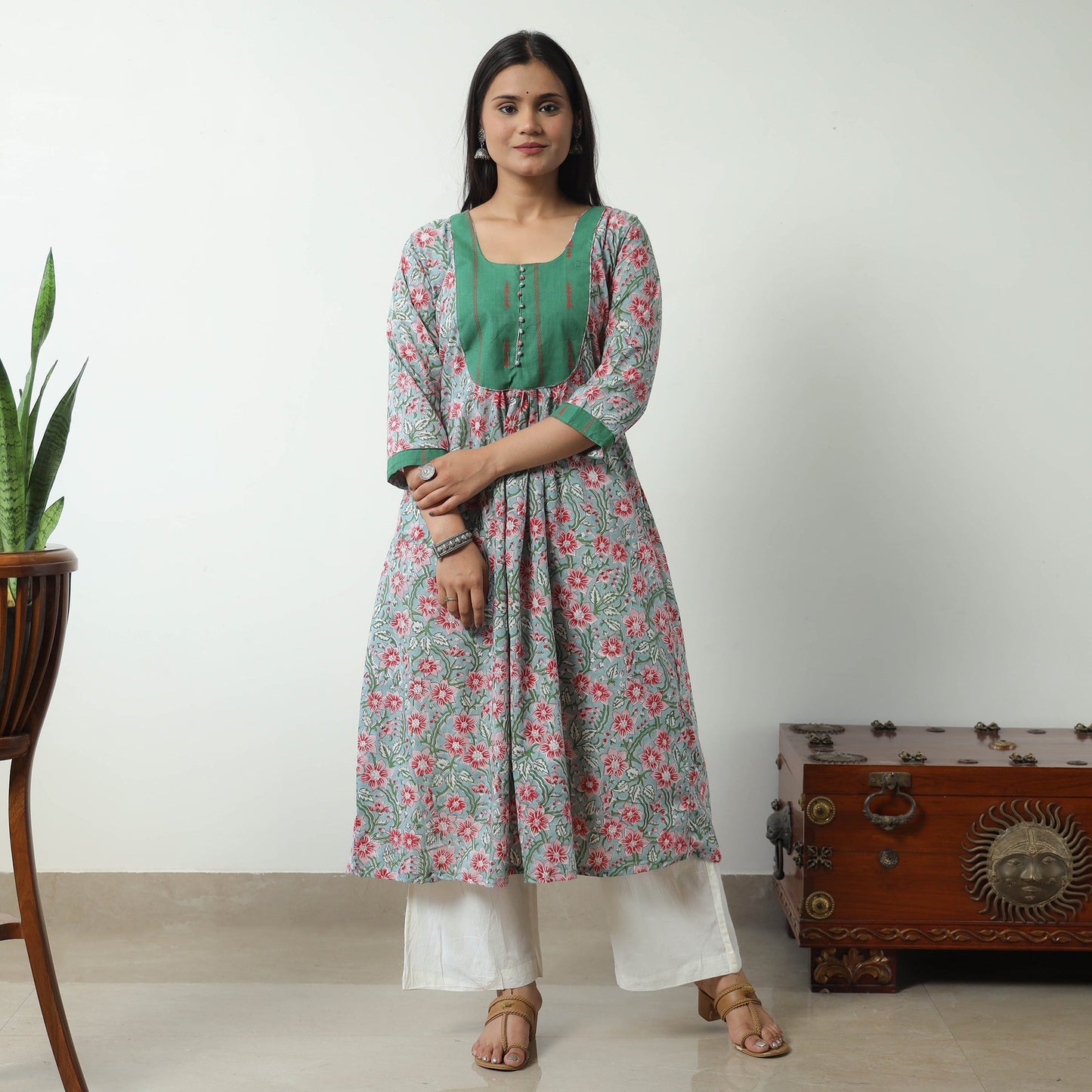 Buy Sanganeri Block Printed Cotton A-Line Kurta with Jacquard Patchwork 02 Online at iTokri.com