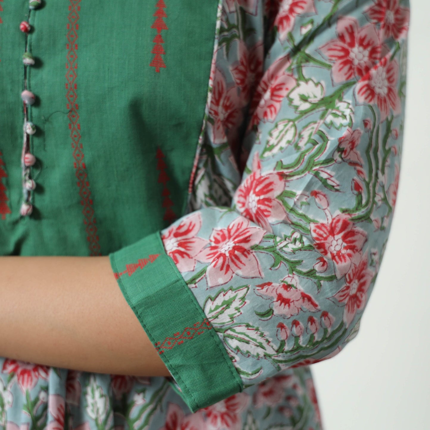 Buy Sanganeri Block Printed Cotton A-Line Kurta with Jacquard Patchwork 02 Online at iTokri.com