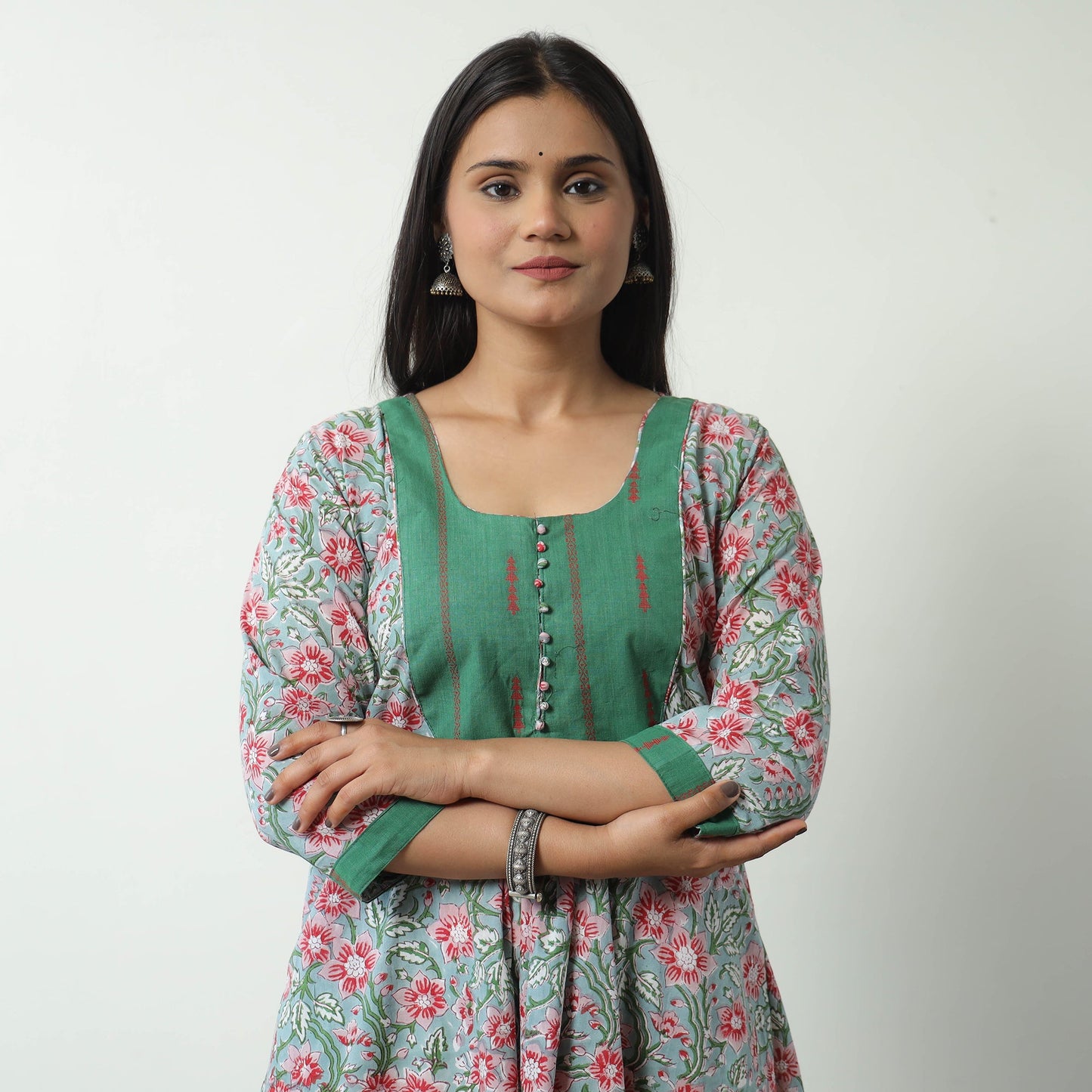 Buy Sanganeri Block Printed Cotton A-Line Kurta with Jacquard Patchwork 02 Online at iTokri.com