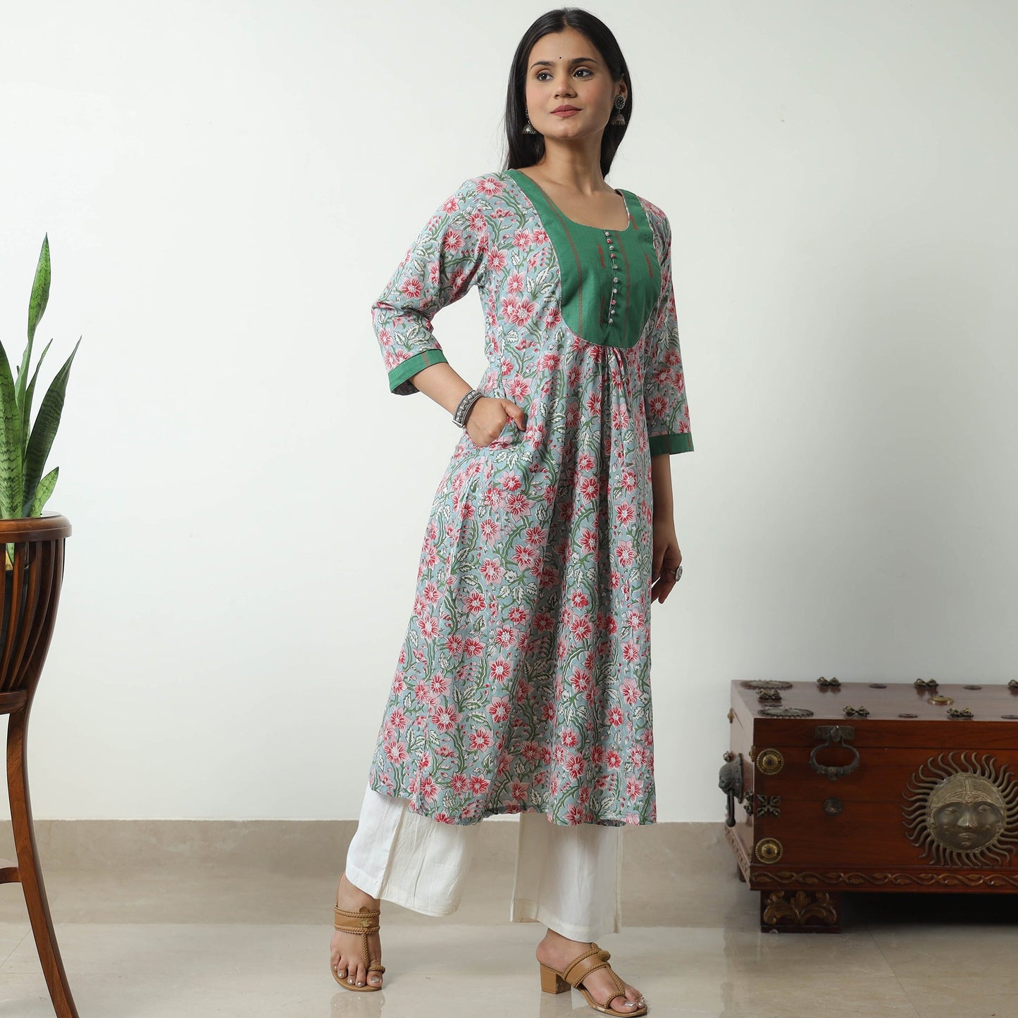 Buy Sanganeri Block Printed Cotton A-Line Kurta with Jacquard Patchwork 02 Online at iTokri.com