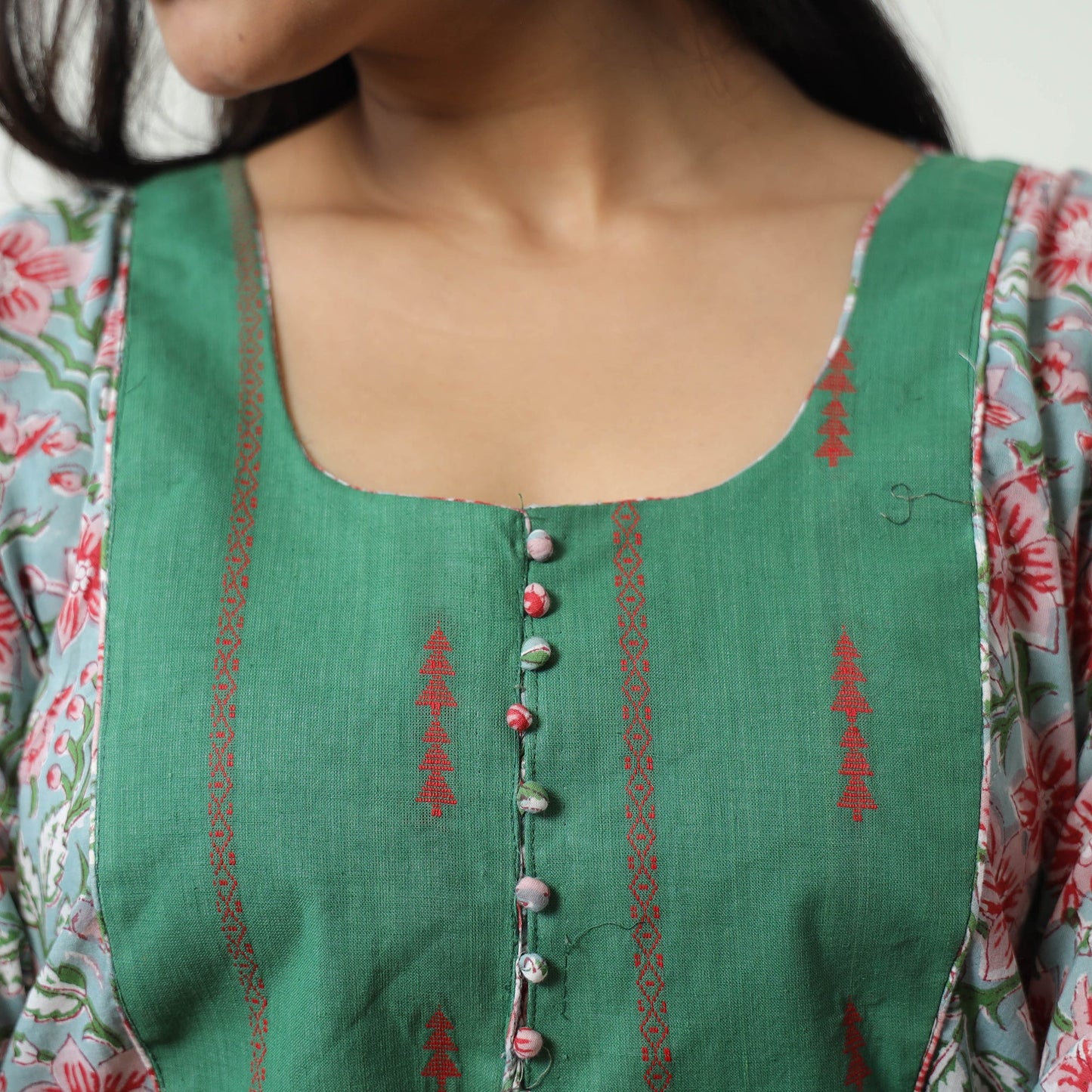 Buy Sanganeri Block Printed Cotton A-Line Kurta with Jacquard Patchwork 02 Online at iTokri.com