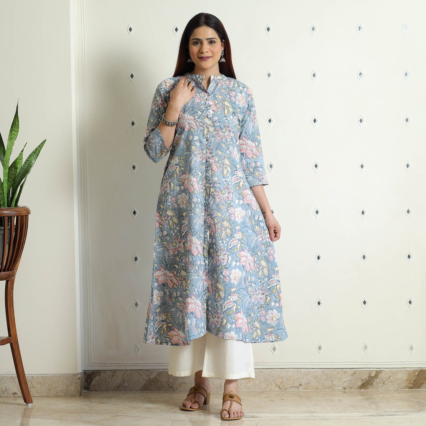  Sanganeri Block Printed Cotton Long Kurta 