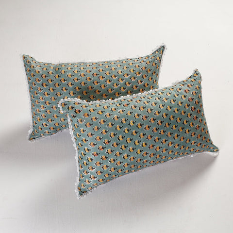 BuySanganeri Block Printed Cotton Pillow Cover With Lace (26 x 16 in) - Set of 2 