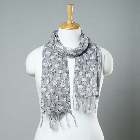Grey - Sanganeri Block Printed Cotton Stole with Tassels 30