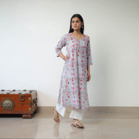  Grey Sanganeri Block Printed Cotton Straight Kurta for Women