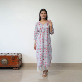  Grey Sanganeri Block Printed Cotton Straight Kurta for Women