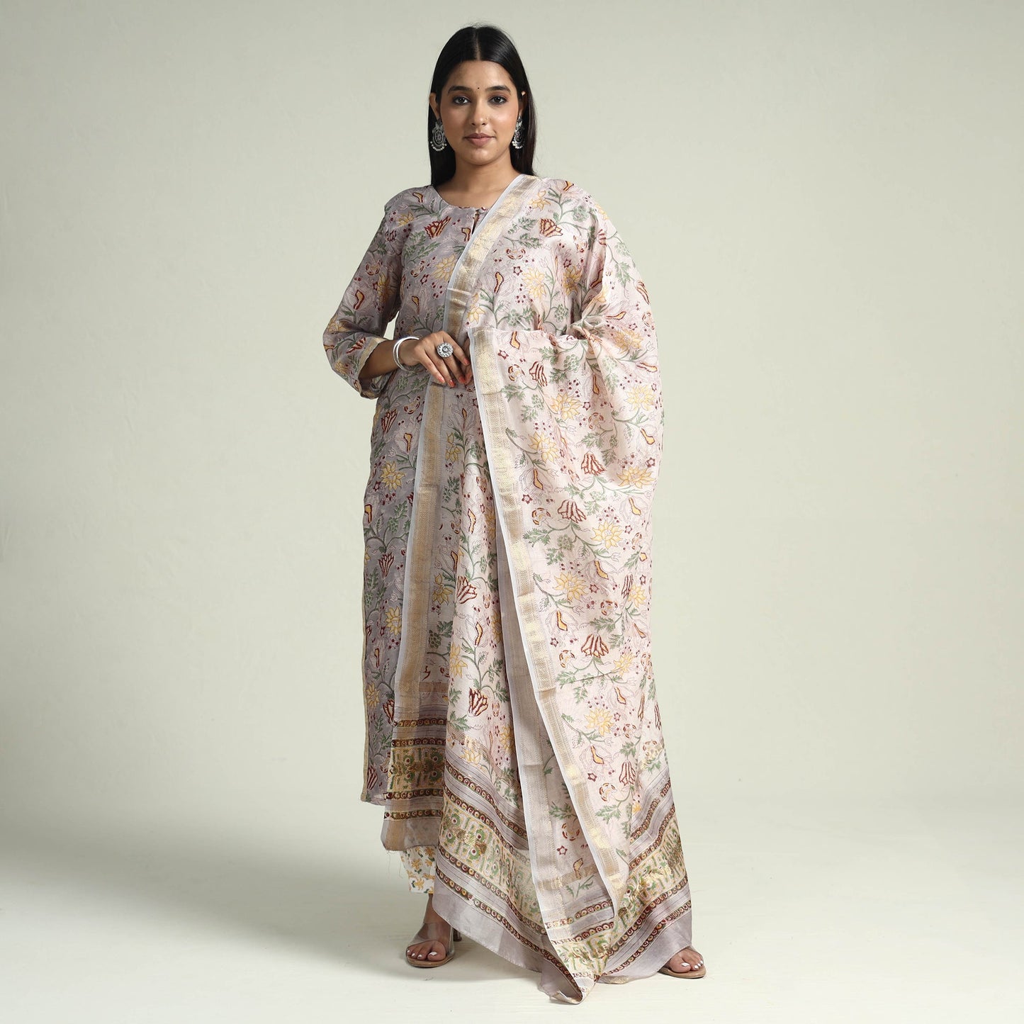 Grey - Sanganeri Block Printed Maheshwari Silk Kurta with Palazzo & Dupatta Set