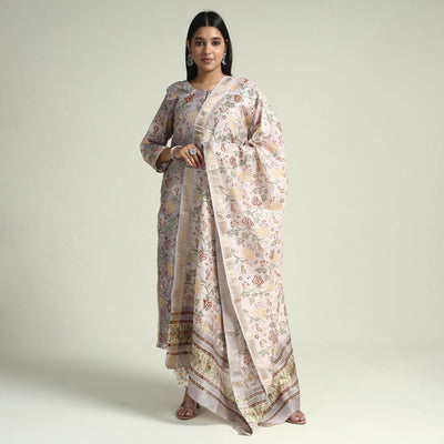 Grey - Sanganeri Block Printed Maheshwari Silk Kurta with Palazzo & Dupatta Set