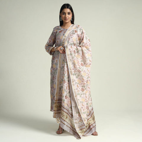 Grey - Sanganeri Block Printed Maheshwari Silk Kurta with Palazzo & Dupatta Set
