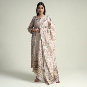 Grey - Sanganeri Block Printed Maheshwari Silk Kurta with Palazzo & Dupatta Set