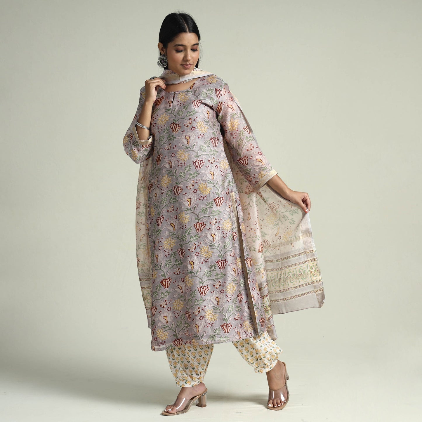 Grey - Sanganeri Block Printed Maheshwari Silk Kurta with Palazzo & Dupatta Set