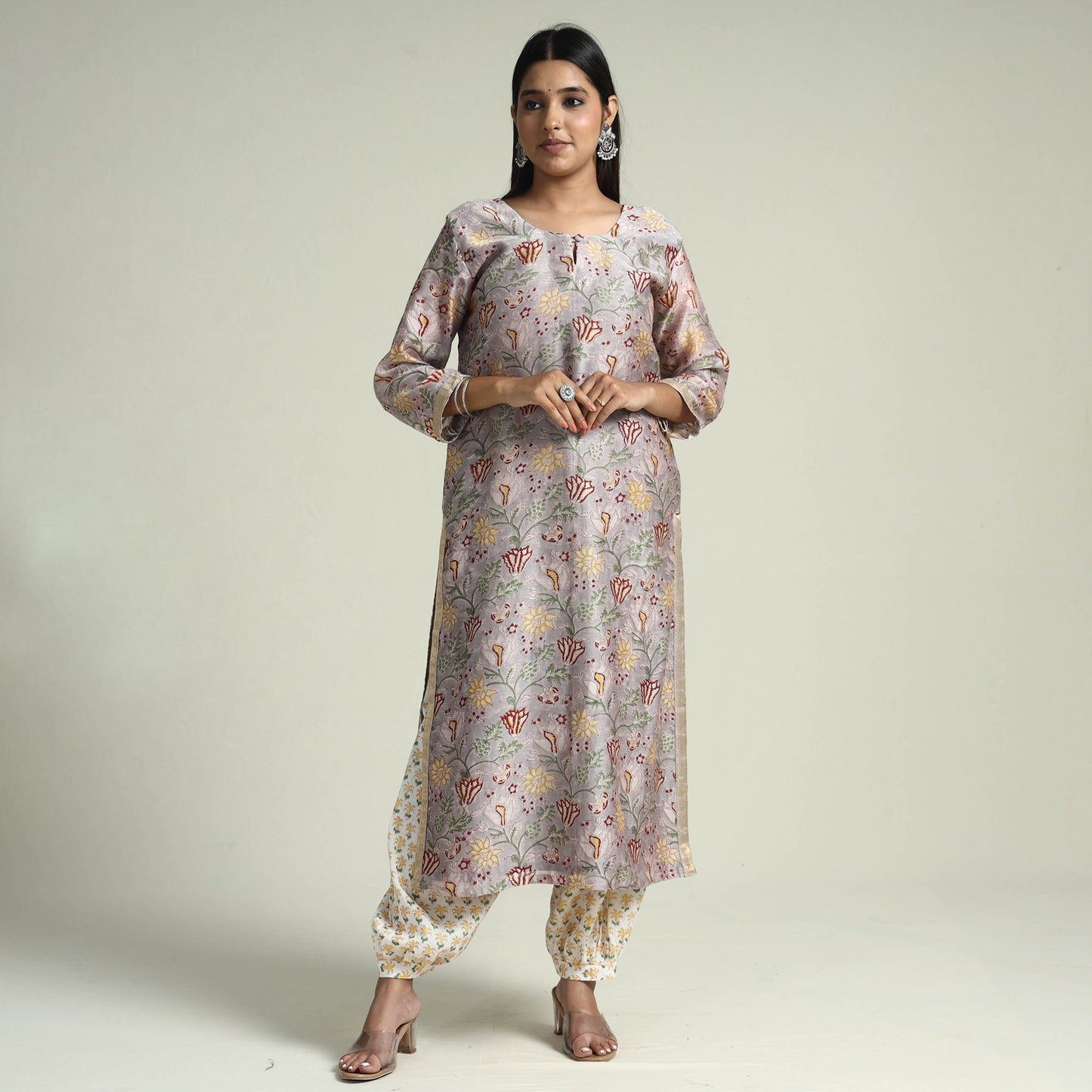 Grey - Sanganeri Block Printed Maheshwari Silk Kurta with Palazzo & Dupatta Set