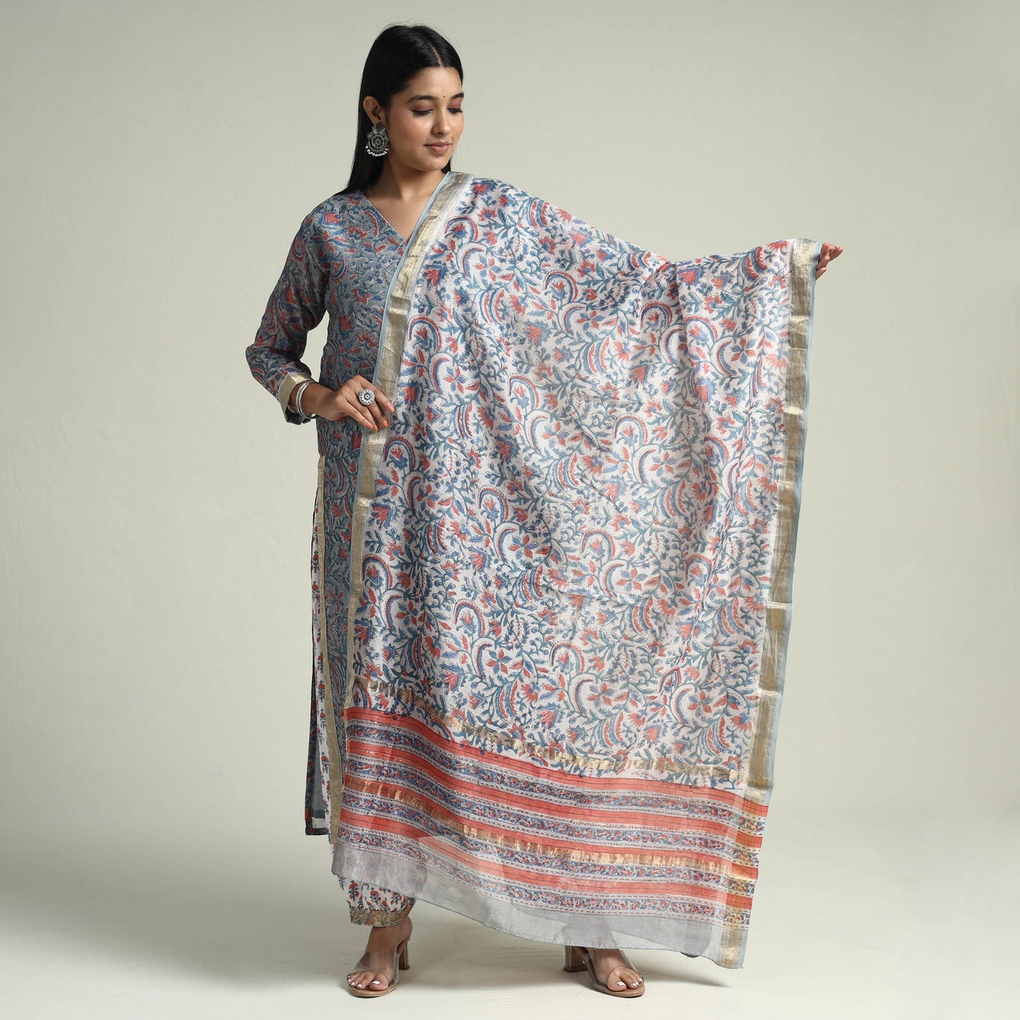  Sanganeri Block Printed Maheshwari Silk Kurta with Palazzo & Dupatta Set Online at iTokri.com