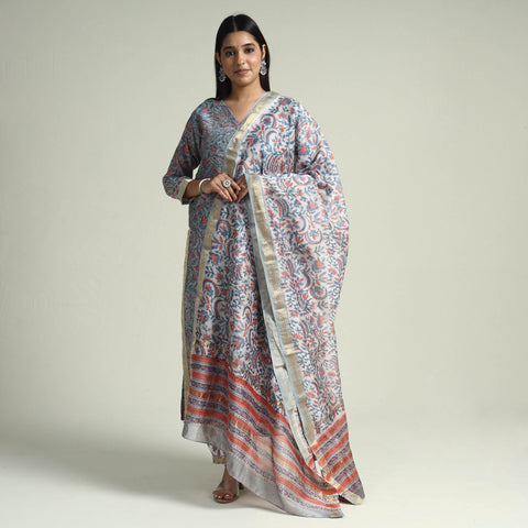  Sanganeri Block Printed Maheshwari Silk Kurta with Palazzo & Dupatta Set Online at iTokri.com
