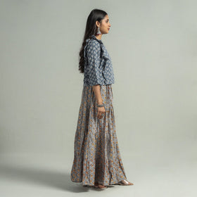  Sanganeri Block Printed Tiered Cotton Long Skirt Online at iTokri.com