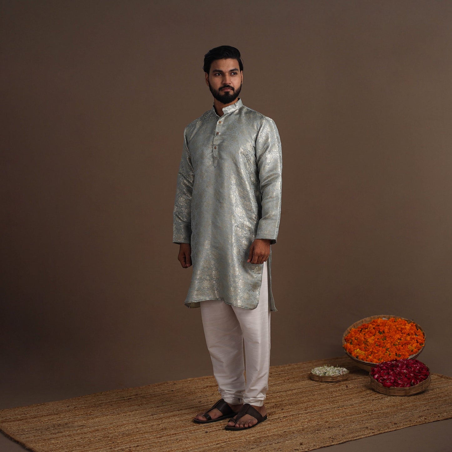 Grey Semi Silk Brocade Banarasi Men Kurta