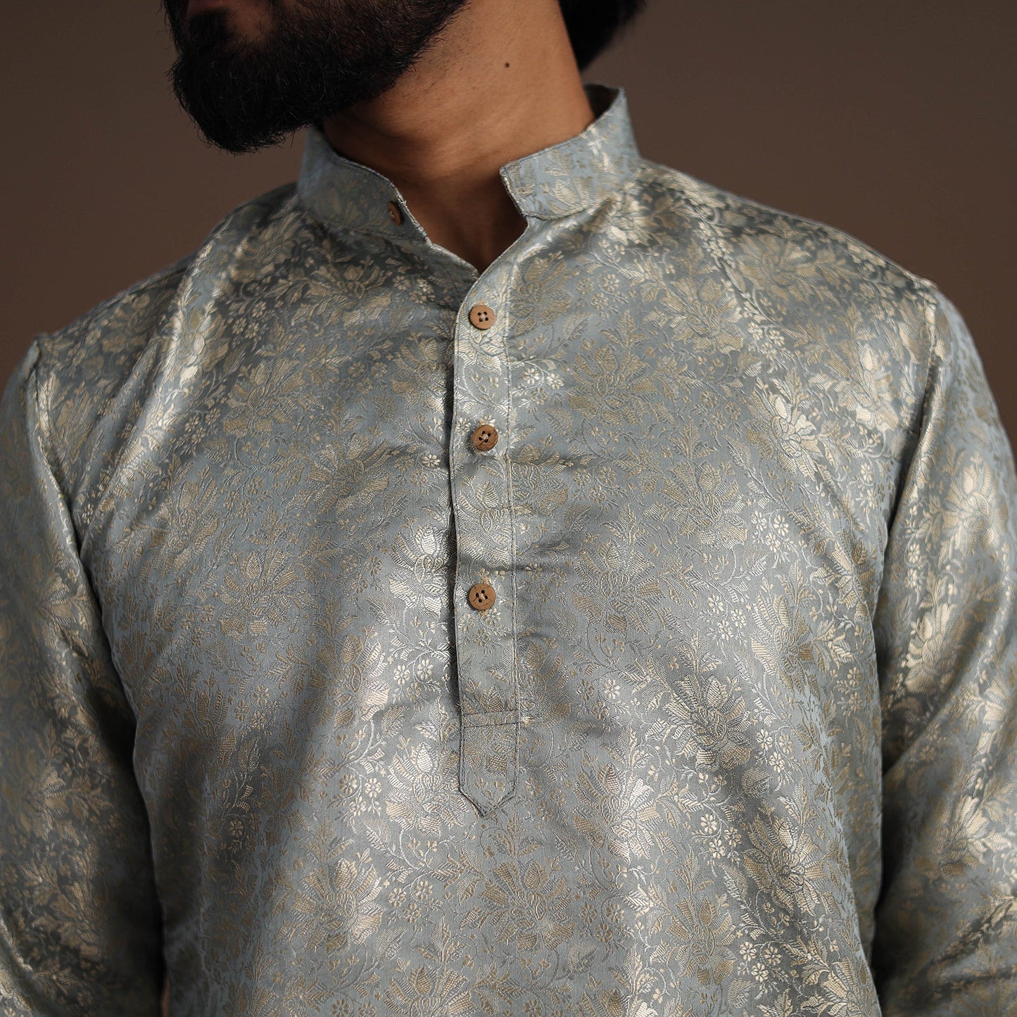 Grey Semi Silk Brocade Banarasi Men Kurta