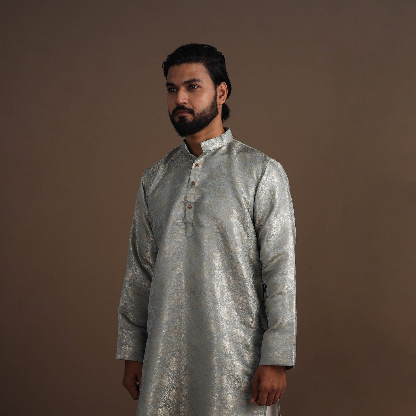 Grey Semi Silk Brocade Banarasi Men Kurta