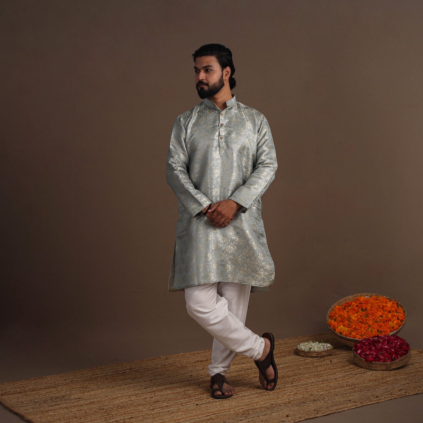 Grey Semi Silk Brocade Banarasi Men Kurta