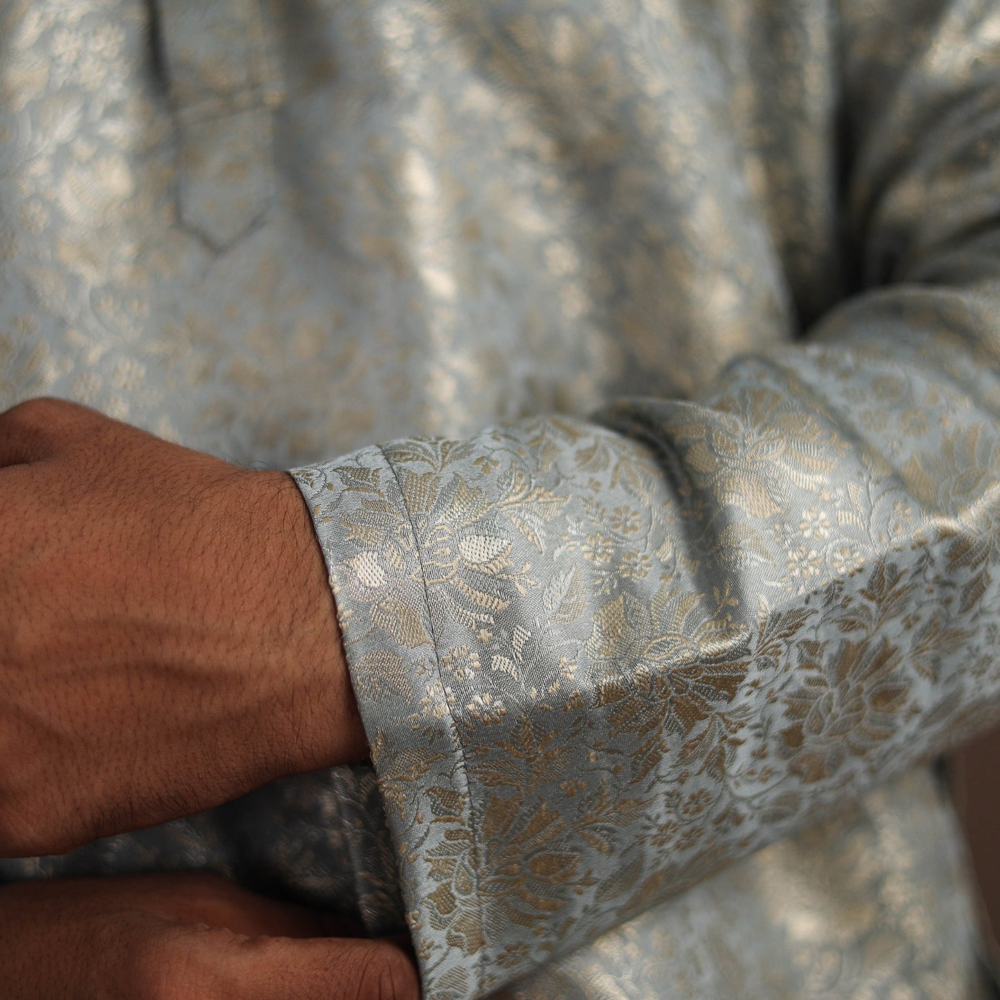 Grey Semi Silk Brocade Banarasi Men Kurta