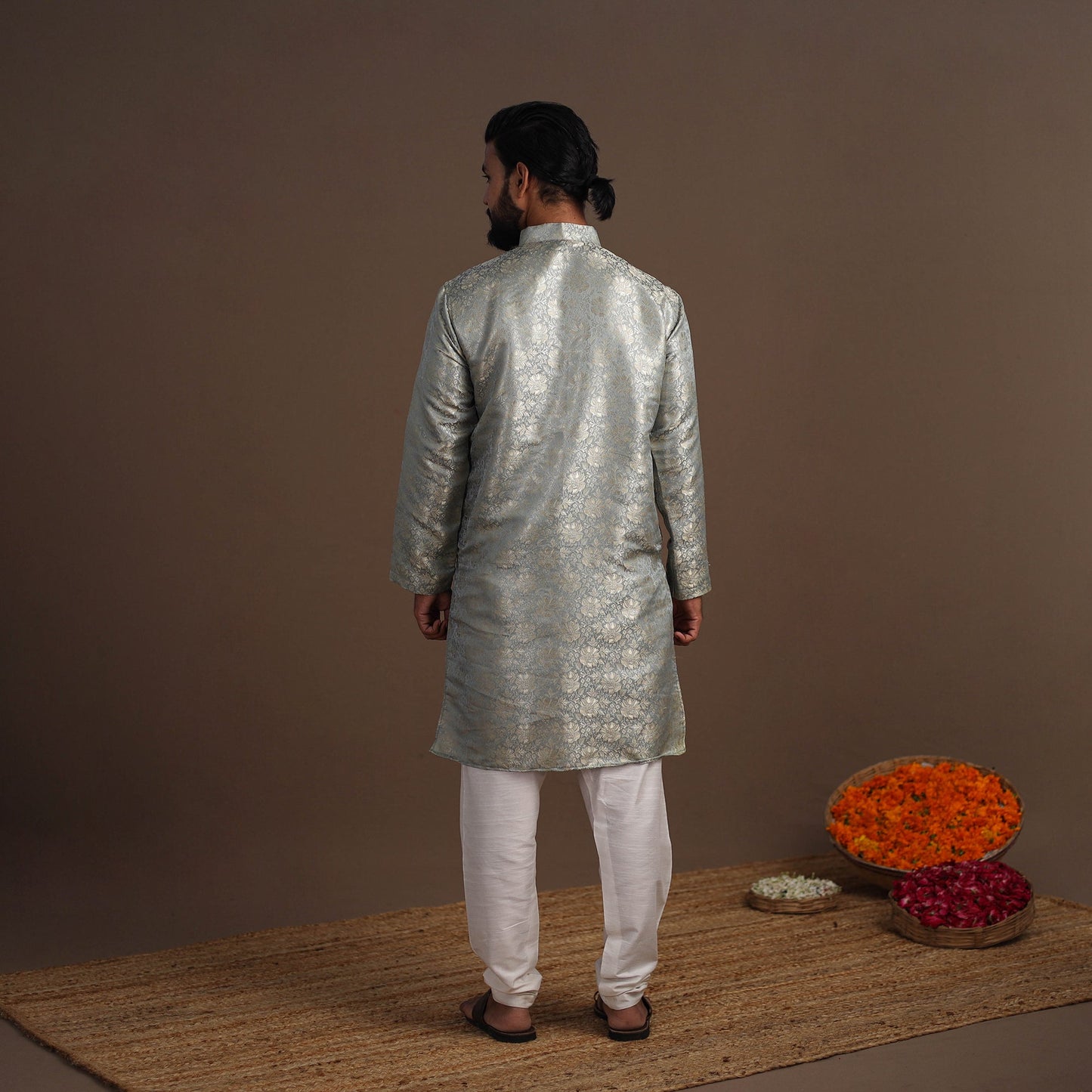 Grey Semi Silk Brocade Banarasi Men Kurta