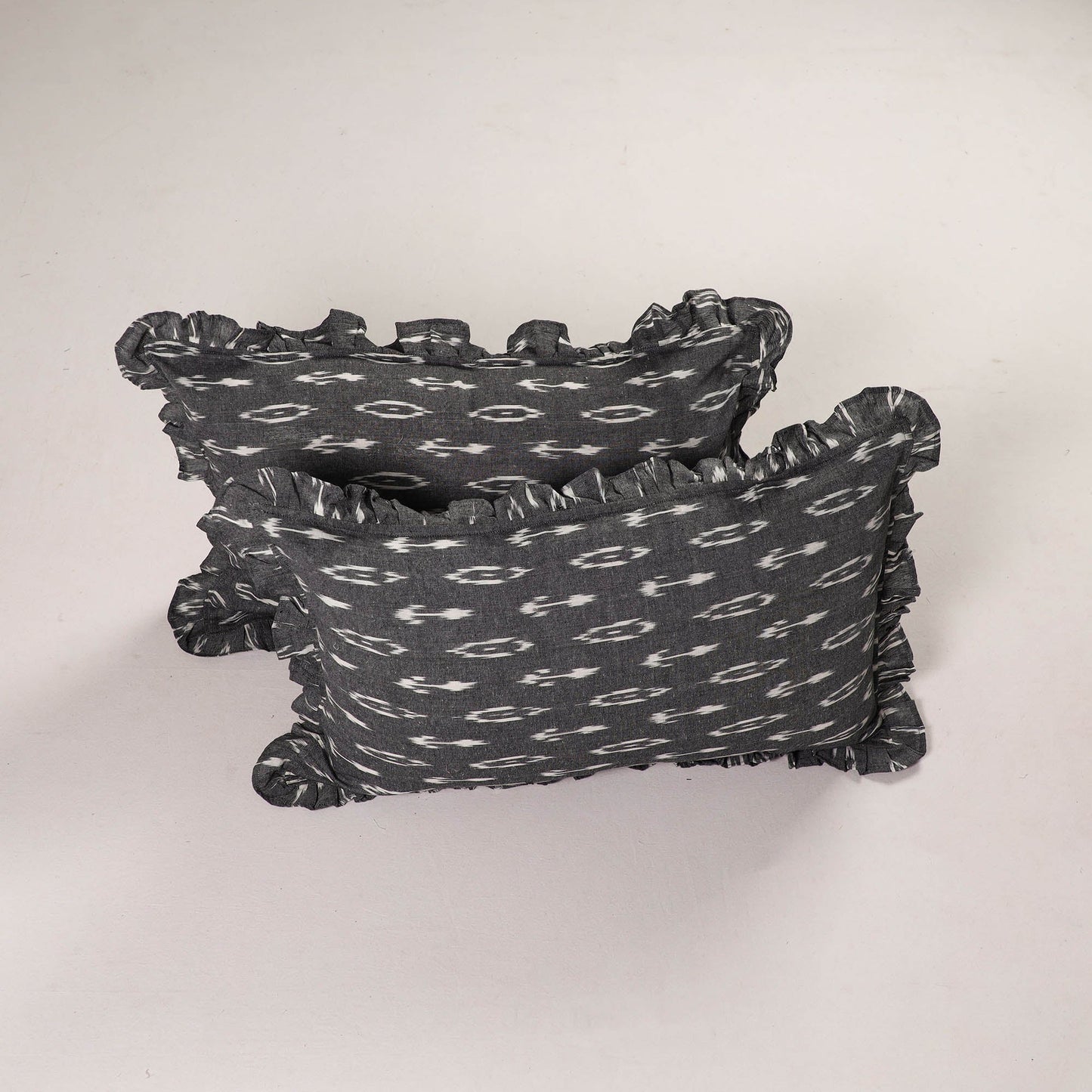 Grey - set of 2 pochampally ikat cotton frill pillow covers