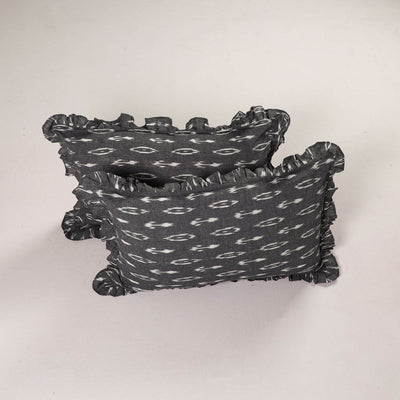 Grey - set of 2 pochampally ikat cotton frill pillow covers
