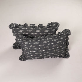 Grey - set of 2 pochampally ikat cotton frill pillow covers