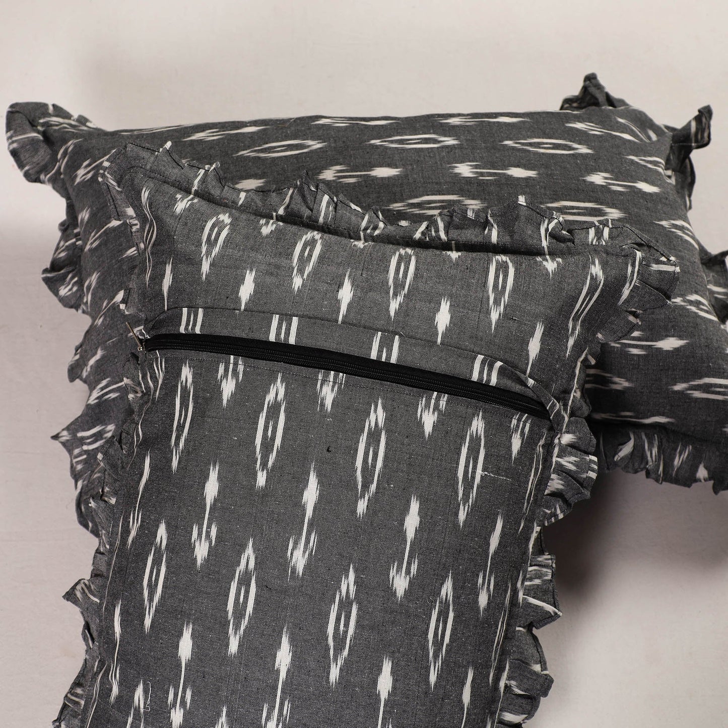 Grey - set of 2 pochampally ikat cotton frill pillow covers