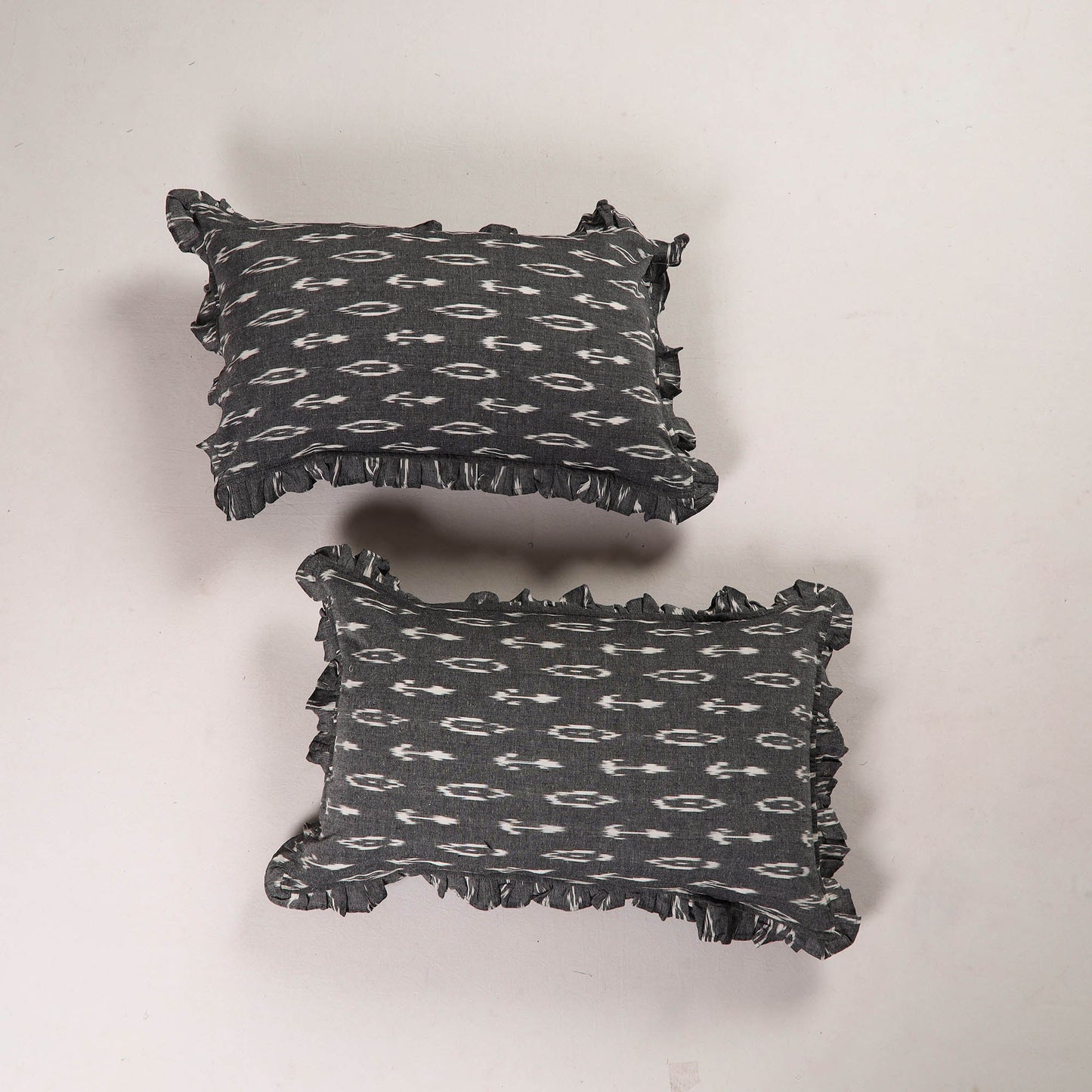 Grey - set of 2 pochampally ikat cotton frill pillow covers