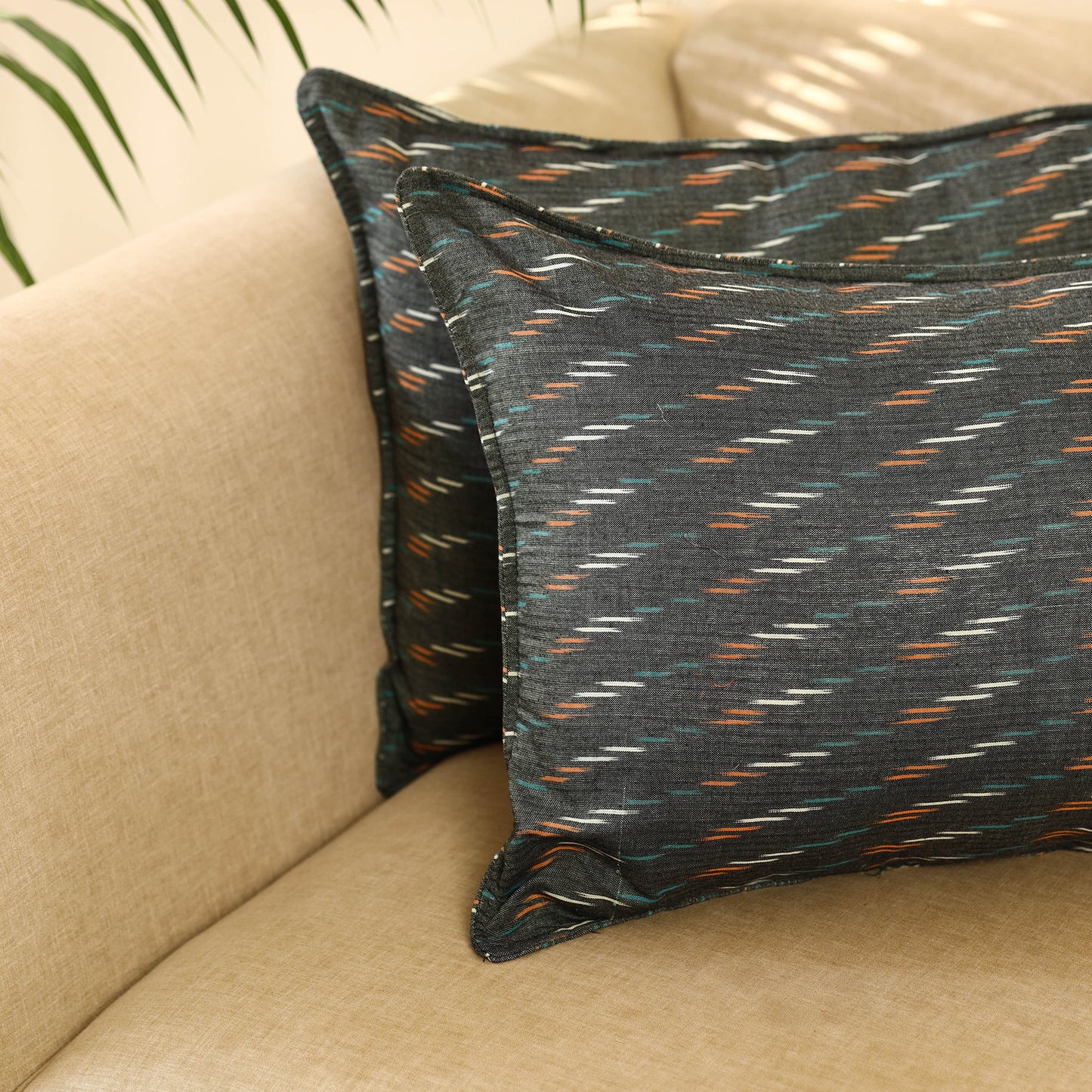  Set of 2 Grey Pochampally Ikat Cotton Pillow Covers