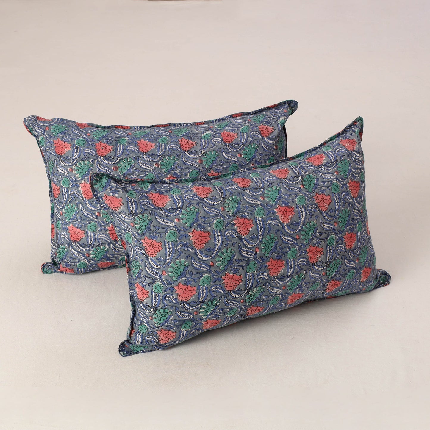 Grey Set of 2 Sanganeri Block Print Cotton Pillow Covers