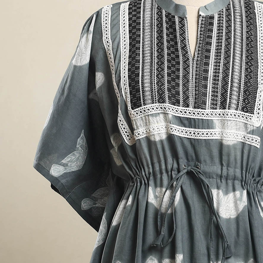 Buy Grey Shibori Mosaic Fusion Cotton Kaftan (Short)