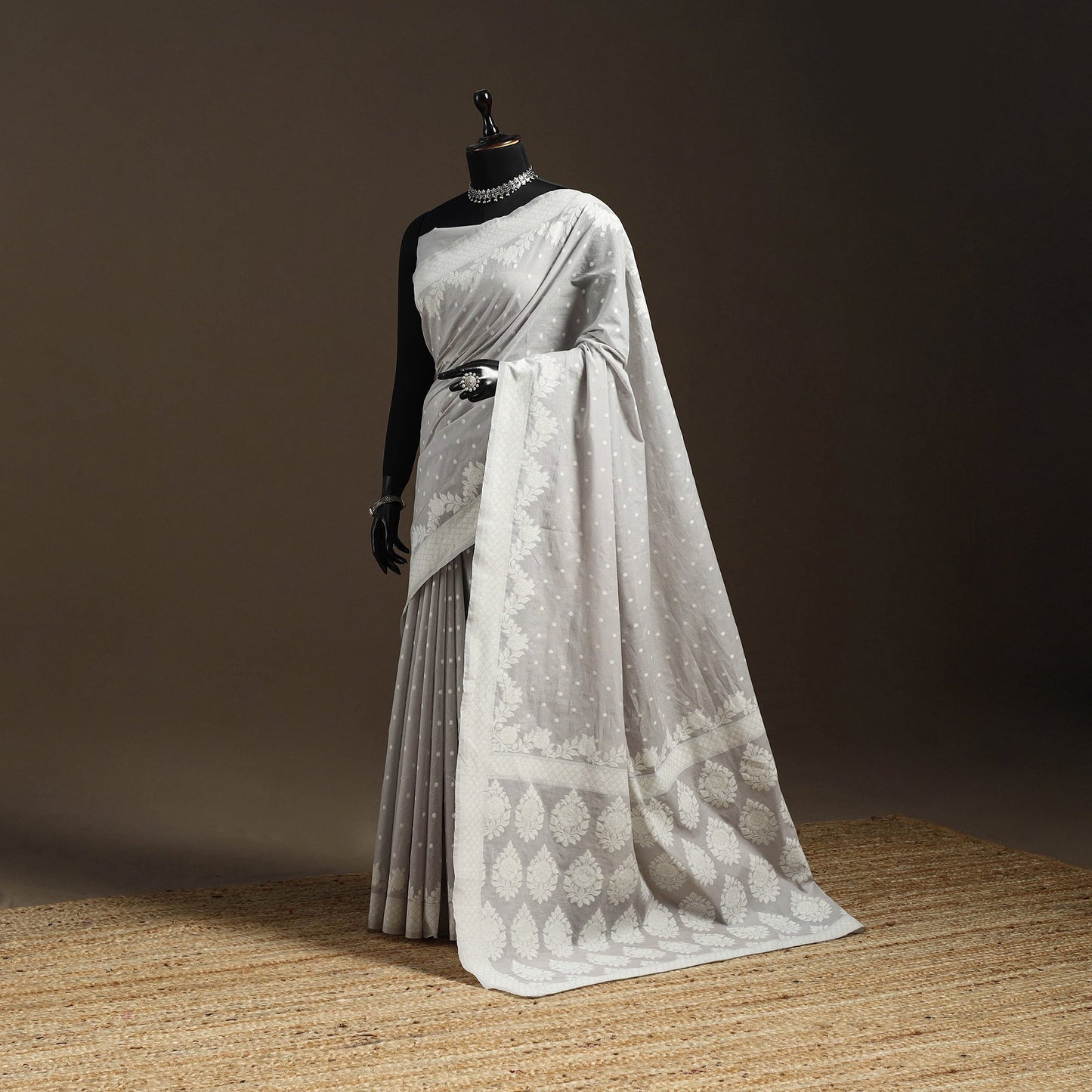 Grey - silk cotton cutwork buti banarasi saree 52