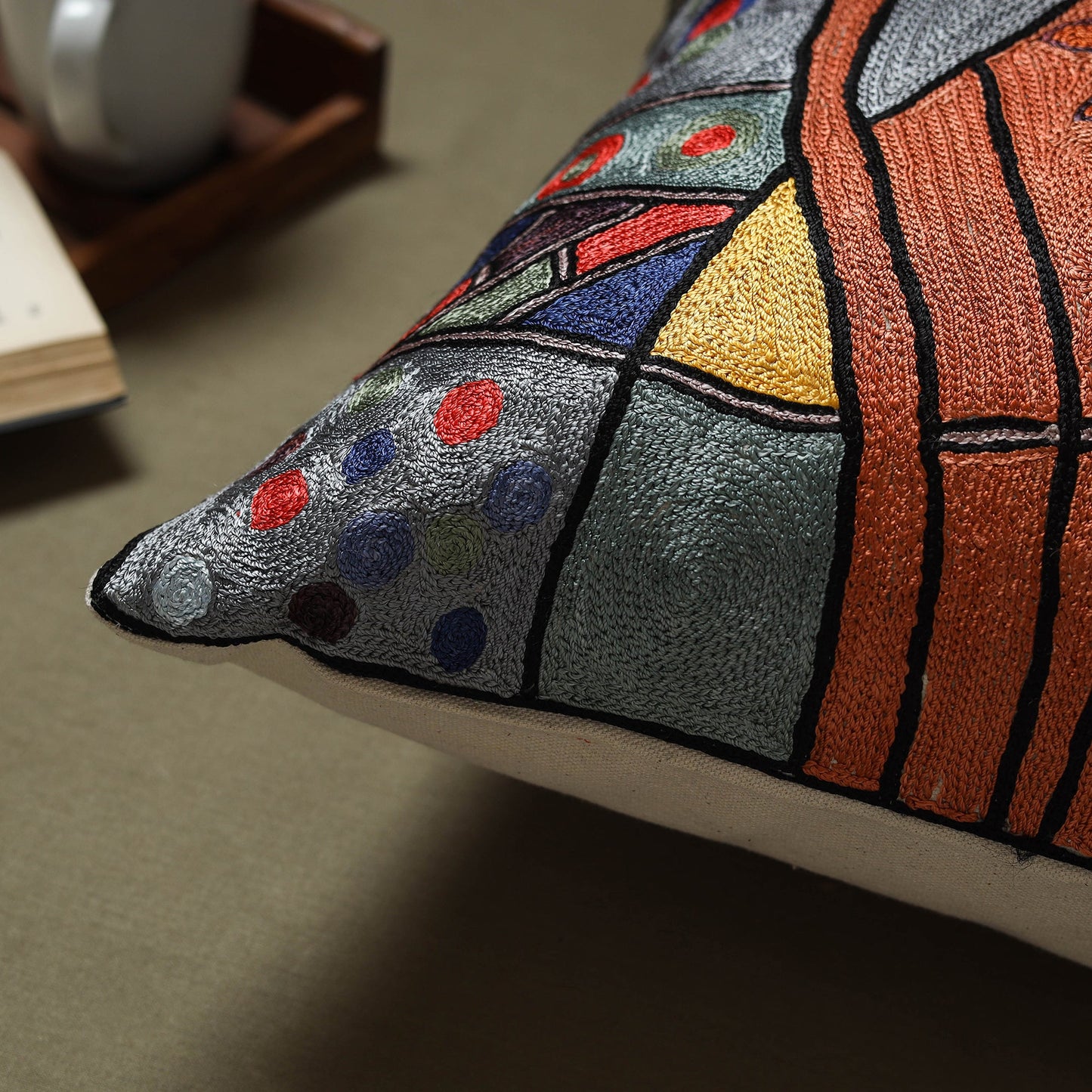 Grey - silk thread crewel hand embroidery cushion cover (18