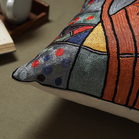 Grey - silk thread crewel hand embroidery cushion cover (18