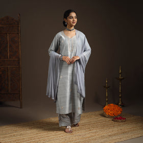 Grey - slub silk gota work plain kurta set (set of 3) 09