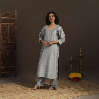 Grey - slub silk gota work straight plain kurta 07