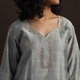 Grey - slub silk gota work straight plain kurta 07