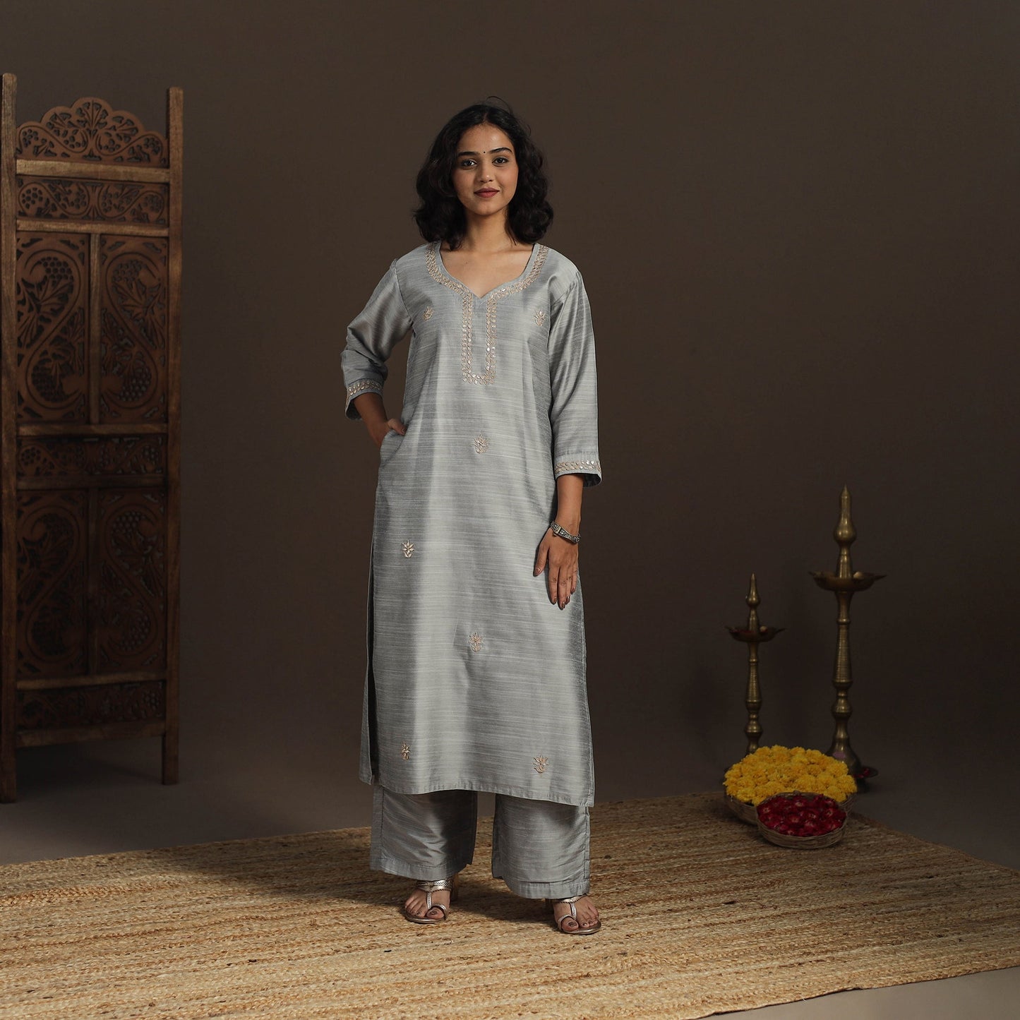 Grey - slub silk gota work straight plain kurta 07