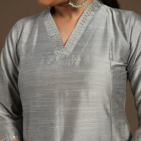 Grey Slub Silk A-Line Plain Kurta with Hand Embroidery